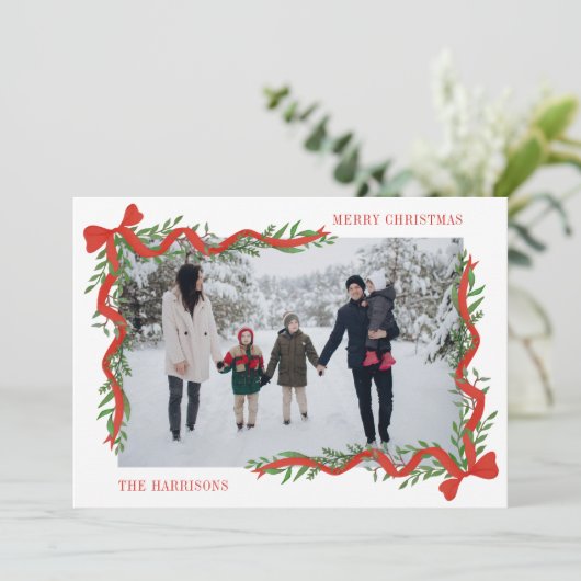 Waterverf Rode Boog Garland Foto Feestdagenkaart (Staand voorkant)