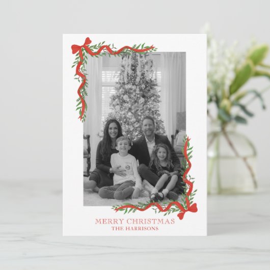 Waterverf Rode Boog Garland Foto Feestdagenkaart (Staand voorkant)