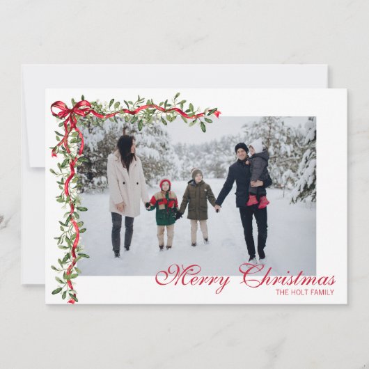 Waterverf rode boog maretak Garland Foto Feestdagenkaart (Voorkant)