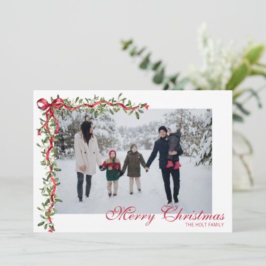Waterverf rode boog maretak Garland Foto Feestdagenkaart (Staand voorkant)