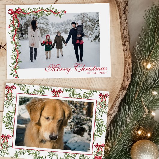 Waterverf rode boog maretak Garland Foto Feestdagenkaart