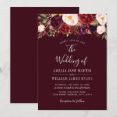 Waterverf Rode Bourgogne Bloemen Huwelijksuitnodig Kaart (Voorkant / Achterkant)