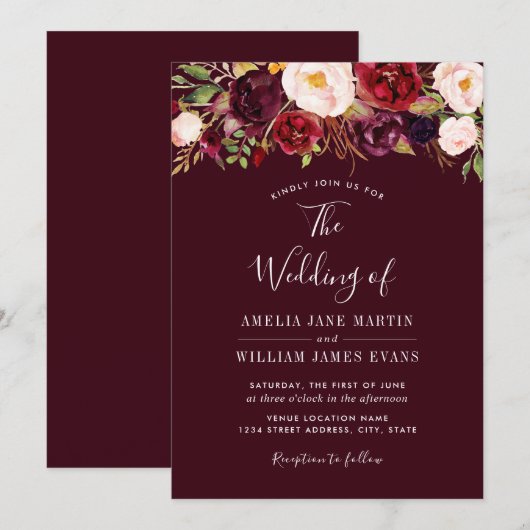 Waterverf Rode Bourgogne Bloemen Huwelijksuitnodig Kaart (Voorkant / Achterkant)
