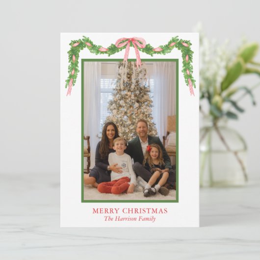 Waterverf Rode Bow Garland Kerstvakantie Kaart (Staand voorkant)