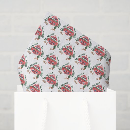 Waterverf Rode Cottage Winterpatroon Kerst Tissuepapier (Cadeauzakje)