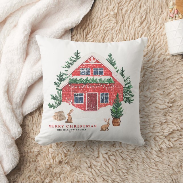 Waterverf Rode Cottage Winterse Scene Kerst Kussen (Deken)