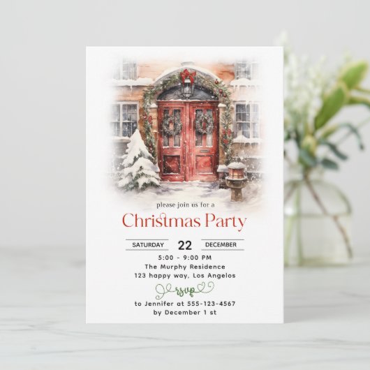 Waterverf Rode Deur Kerstfeest Kaart (Staand voorkant)