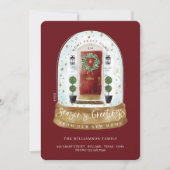 Waterverf Rode Deur SneeuwWereldbol Nieuwe startfo Feestdagenkaart (Voorkant)