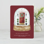 Waterverf Rode Deur SneeuwWereldbol Nieuwe startfo Feestdagenkaart (Staand voorkant)