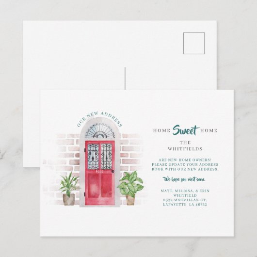 Waterverf rode deur We hebben het nieuwe adres ver Aankondigingskaart (Voorkant / Achterkant)