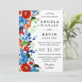 Waterverf rode en blauwe bloemen bruiloft kaart (Staand voorkant)