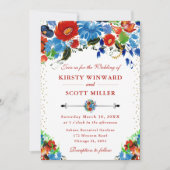 Waterverf rode en blauwe bloemen bruiloft kaart (Voorkant)