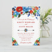 Waterverf rode en blauwe bloemen bruiloft kaart (Staand voorkant)