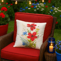 Waterverf Rode en Blauwe Bloemen op een Witte Onde