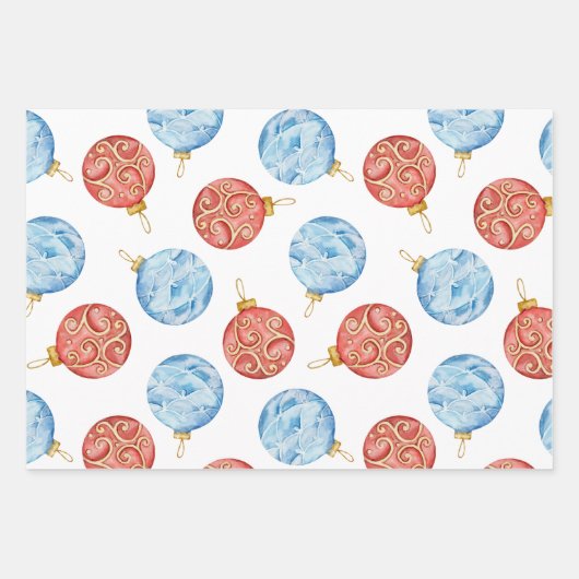 Waterverf Rode en Blauwe Kerstversieringen Inpakpapier Vel (Voorkant 3)