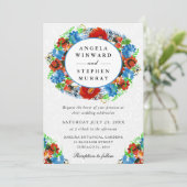 Waterverf rode en blauwe krans bruiloft kaart (Staand voorkant)