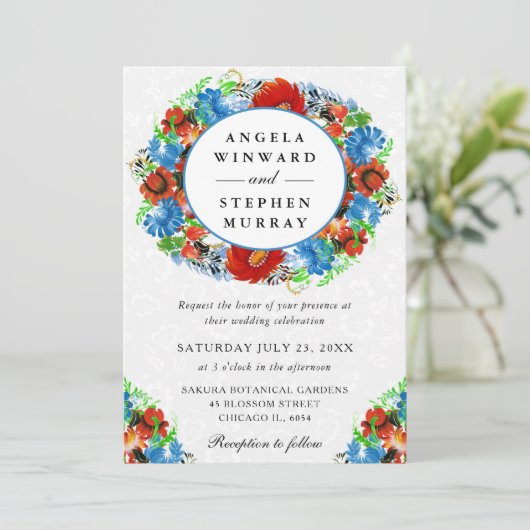 Waterverf rode en blauwe krans bruiloft kaart (Staand voorkant)