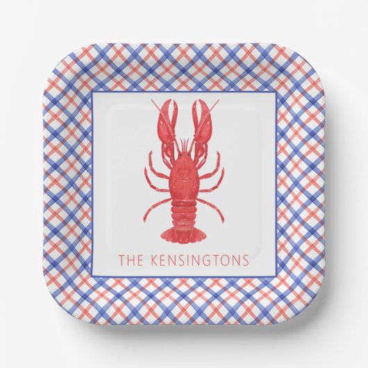 Waterverf rode en blauwe plaid kreeft papieren bordje (Voorkant)