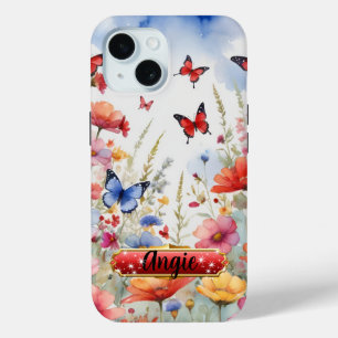 Waterverf rode en blauwe vlinders en bloemen iPhone 15 case