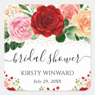 Waterverf Rode en Gele Rozen Bruidsshower Vierkante Sticker