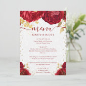 Waterverf rode en gouden bloemen bruiloft menu (Staand voorkant)