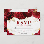 Waterverf rode en gouden bloemen bruiloft RSVP kaartje (Voorkant / Achterkant)