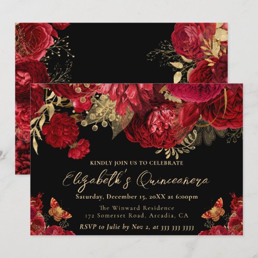 Waterverf rode en gouden bloemen Quinceanera Kaart (Voorkant / Achterkant)