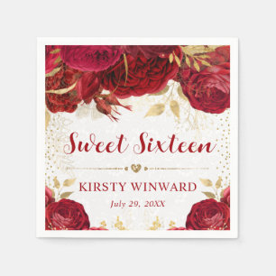 Waterverf Rode en Gouden Bloemen Sweet 16 Servet