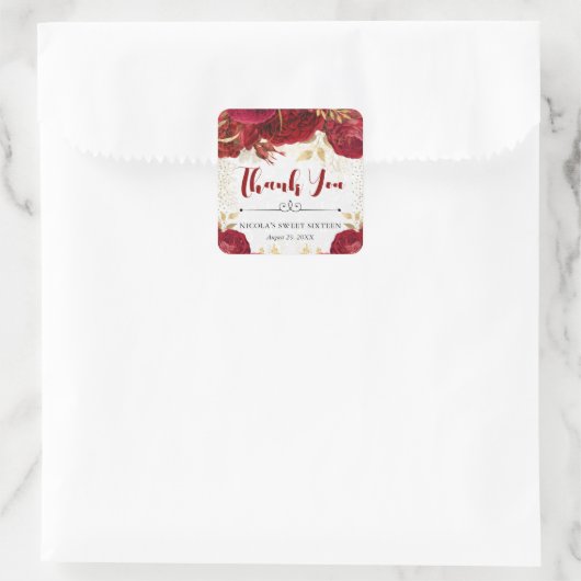Waterverf rode en gouden bloemen zoet 16 vierkante sticker (Tas)