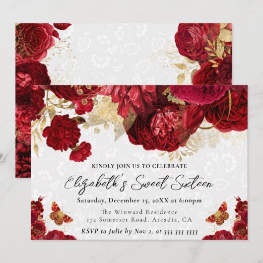 Waterverf rode en gouden bloemen zoet zestien kaart (Voorkant / Achterkant)