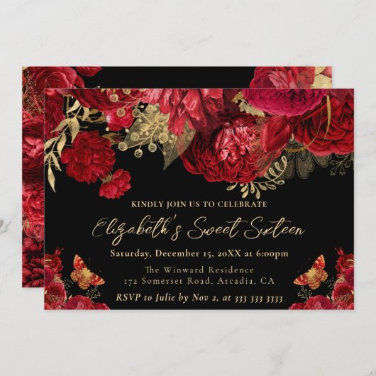 Waterverf rode en gouden bloemen zoet zestien kaart (Voorkant / Achterkant)