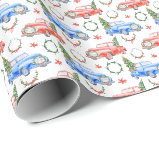 Waterverf rode en groene auto's met kerstbomen cadeaupapier (Rol Hoek)