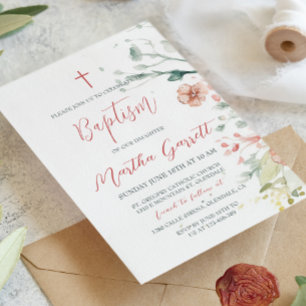 Waterverf Rode en Groene Bloemen Doopsel Kaart