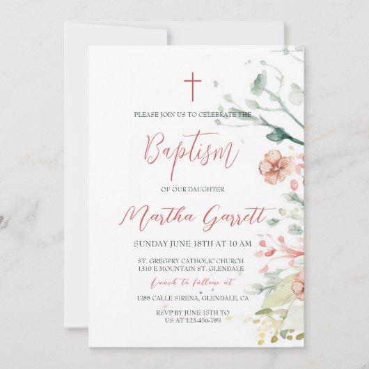 Waterverf Rode en Groene Bloemen Doopsel Kaart (Voorkant)