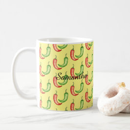 Waterverf rode en groene chilipepers koffiemok