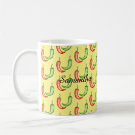 Waterverf rode en groene chilipepers koffiemok