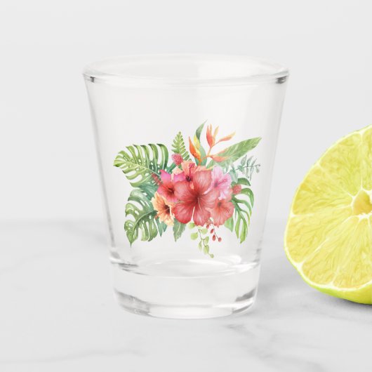 Waterverf Rode en Oranje Hibiscus Shot Glas (Voorkant)