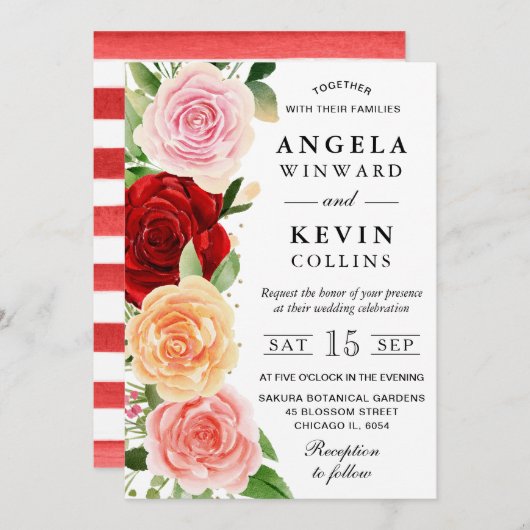 Waterverf Rode en Oranje Rozen Bruiloft Kaart (Voorkant / Achterkant)