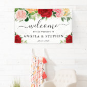 Waterverf Rode en Oranje Rozen Bruiloft Welkom Spandoek (Insitu)