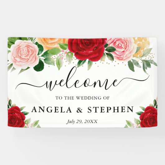 Waterverf Rode en Oranje Rozen Bruiloft Welkom Spandoek (Horizontaal)