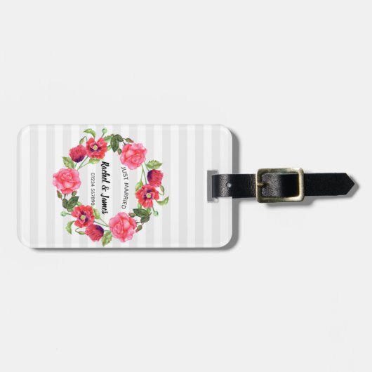 Waterverf rode en roze bloemen groot ontwerp bagagelabel (Voorkant horizontaal)