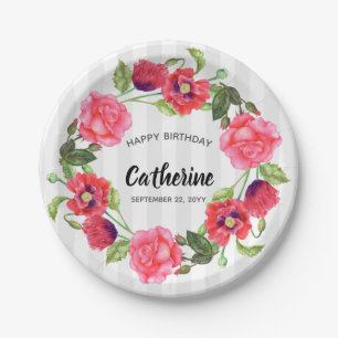 Waterverf rode en roze bloemen groot ontwerp papieren bordje