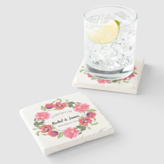 Waterverf rode en roze bloemen groot ontwerp stenen onderzetter (Zijkant)