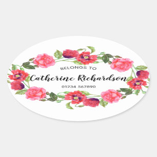 Waterverf rode en roze bloemen groot ovaal ontwerp ovale sticker