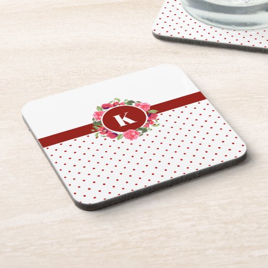 Waterverf rode en roze bloemen met rode pokadots bier onderzetter (Linkerzijde)