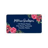 Waterverf rode en roze bloemen op donkerblauw etiket (Voorkant)