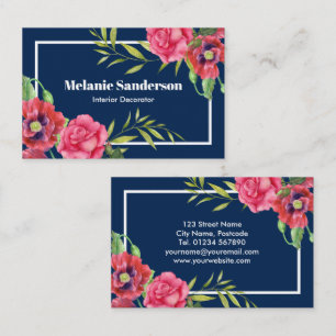 Waterverf rode en roze bloemen op donkerblauw visitekaartje