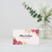 Waterverf rode en roze bloemen op lichtroze visitekaartje (Staand voorkant)