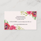 Waterverf rode en roze bloemen op lichtroze visitekaartje (Achterkant)