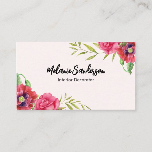 Waterverf rode en roze bloemen op lichtroze visitekaartje (Voorkant)